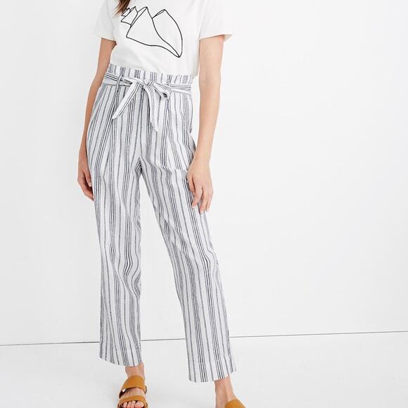 Madewell Linen Cotton Baltic Stripe Paper Bag Waist High Waisted Pants Size 2 - Picture 1 of 7